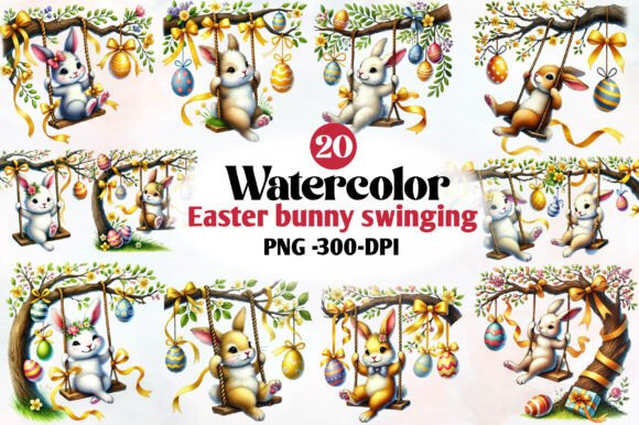 Download Watercolor Easter Bunny Swinging Clipart - Watercolor easter Collection
